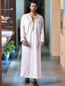 Men's Saudi/Dubai Style White Robe/Kandura - Middle Eastern Islamic Ramadan Long Robe, Suitable For Eid And Ramadan Prayer, Long Sleeve Loose Arabic Robe, Saudi Style Ramadan Prayer Robe, Lightweight Arabic Prayer Robe, White Eid Ramadan Islamic Robe Kandura - White - View 10