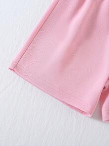 2 Stück/Set Lässig Dopamin Outfit für Kleine Mädchen, süßer Stil mit 3D Schleife Design Rundhals rosa Trägerhemd und weite Shorts Set, Frühling/Sommer - Pink - Übersicht 7
