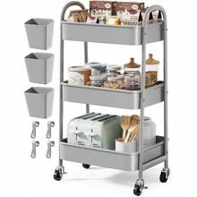 3 Tier Rolling Cart Metal With Wheels, Heavy Duty White Three Tiered Cart Organizer On Wheels, Utility Roller Storage Carts Art, Nursery, Diaper Caddy, Snack, Book, Nail, Cleaning Supplies - 簡約灰色 + 三層 + 杯子 + 掛鉤 - 查看 2