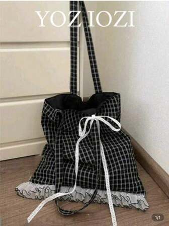 Retro Polka Dot Canvas Tote Bag, Shoulder Bag, Multifunctional School Handbag For Female Students, Commuting