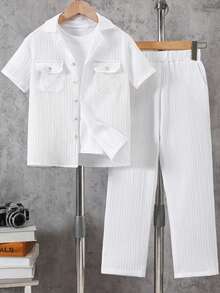 2 pezzi/set Camicia a maniche corte e pantaloni lunghi per ragazzi, effetto stropicciato, con tasche simmetriche e colletto alla coreana, outfit casual per bambini di 8-12 anni - Bianco - Visualizzare 1