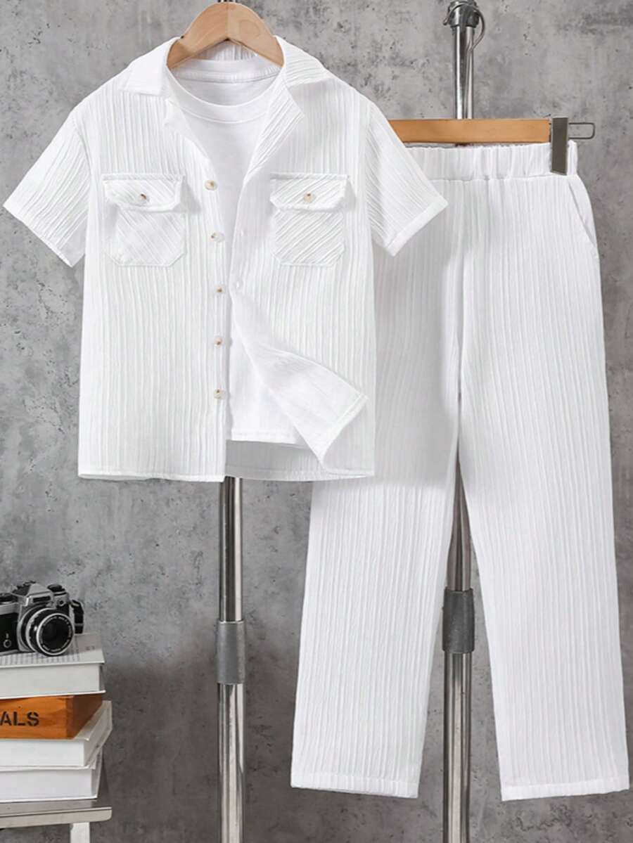 2 pezzi/set Camicia a maniche corte e pantaloni lunghi per ragazzi, effetto stropicciato, con tasche simmetriche e colletto alla coreana, outfit casual per bambini di 8-12 anni - Bianco - Visualizzare 1