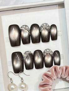 10 piezas de uñas postizas con efecto de ojo de gato metálico, con brillantes de strass, uñas falsas reutilizables para mujeres para uso diario y de fiesta - Multicolor - Ver 4