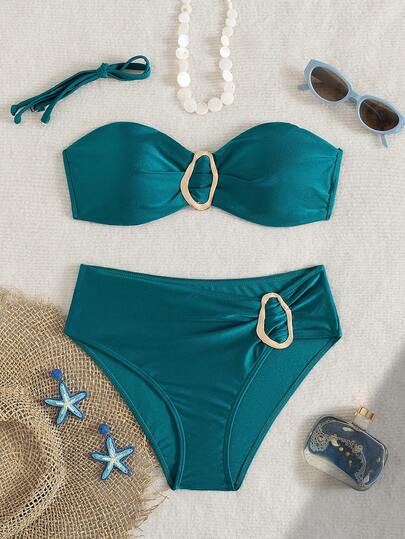 Bộ bikini quây màu trơn 2 mảnh dành cho nữ, trang trí bằng phụ kiện kim loại, thích hợp cho kỳ nghỉ trên đảo, chụp ảnh, bơi lội trên bãi biển mùa hè.