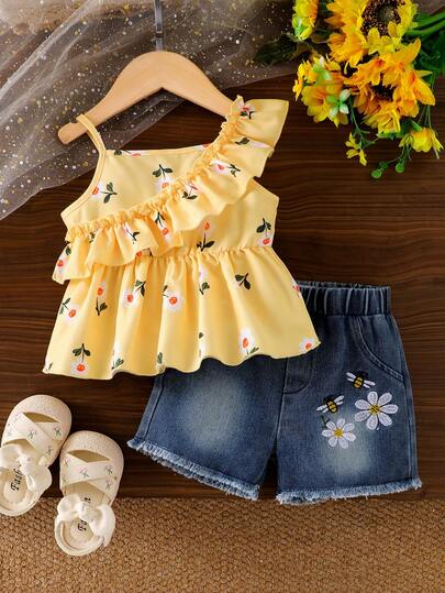2pcs Baby Girl Floral Print Sleeveless Crop Top And Embroidered Denim Shorts Set, Fashionable Holiday Style