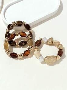 LADYCOCO 3pcs Vintage Multi-Layer Brown Acrylic Beaded Bracelet, Transformable Gold Chip Bracelet, For Women, Couples, Party, Daily Wear - Multicolor aS - View 5