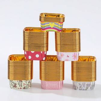 50 st fyrkantiga guldfärgade muffinsformar för alla hjärtans dag, värmebeständiga engångsformar för bröllopskö, dekorativa non-stick-bakformar för muffins