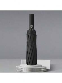 Dual Bone Black Automatic Umbrella, Thick Durable Ribs, Tri-Fold Umbrella, UV-Resistant Folding Umbrella