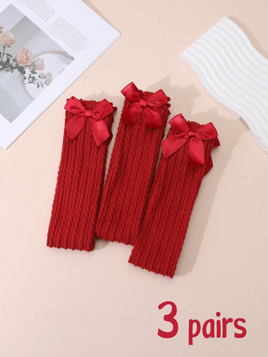 3 Paar Mädchen Rote Schleife Überknie Socken, Oberschenkel hohe Socken ohne Ferse, vielseitiger Lolita Stil geeignet für alle Altersgruppen