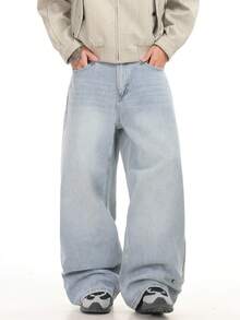 1件 Justice Brother 休闲通勤男士宽松阔腿经典牛仔裤（不含腰带和配饰） - 藍色 - 查看 3