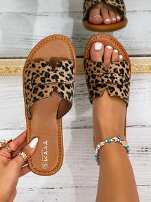Women's New Fashion Cute Leopard Print Slip-On Sandals, Featuring Microfiber Upper, Cushioned Insole, And TPR Outsole, Handmade Flat Slides For Vacation, Party, Beach, Casual Wear - Khaki - View 1