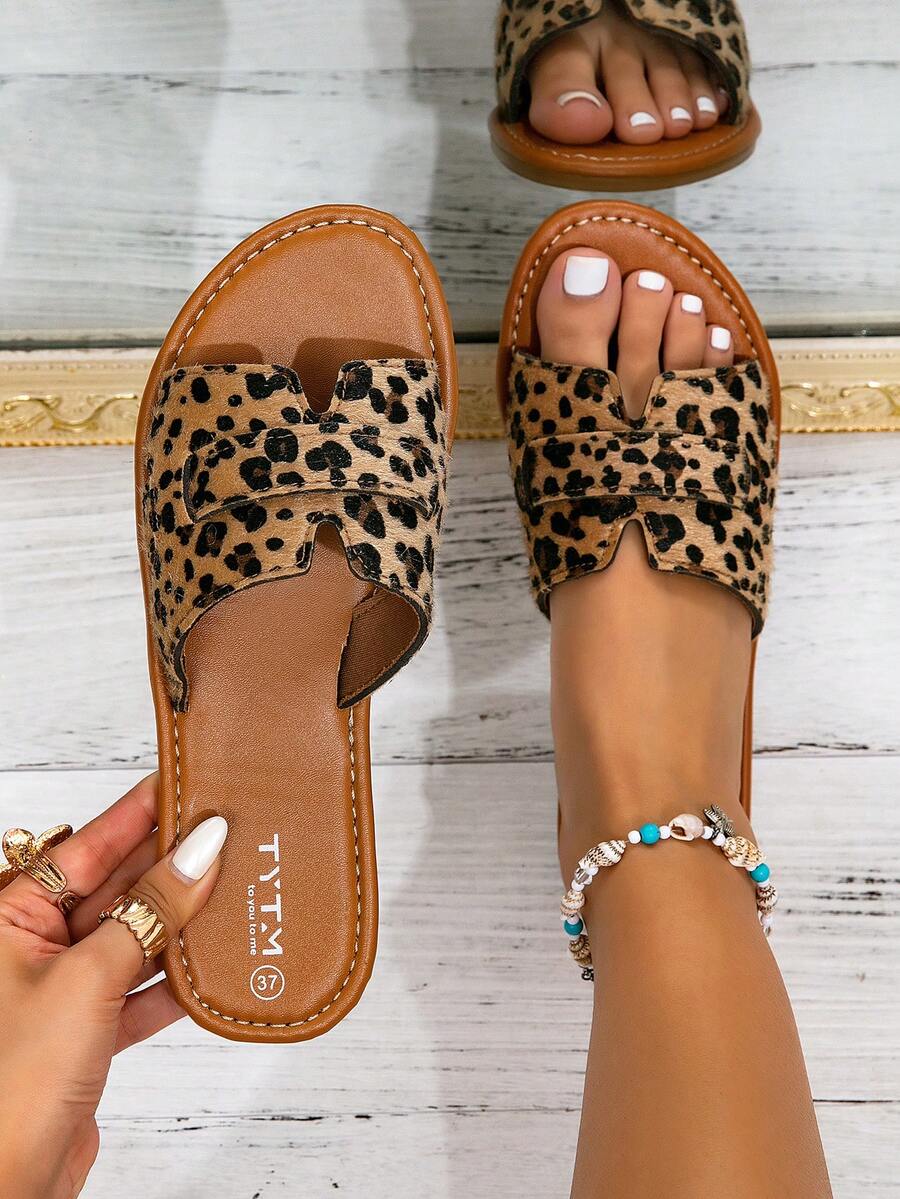 Women's New Fashion Cute Leopard Print Slip-On Sandals, Featuring Microfiber Upper, Cushioned Insole, And TPR Outsole, Handmade Flat Slides For Vacation, Party, Beach, Casual Wear - Khaki - View 1