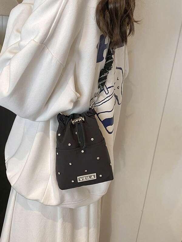 Carino e onirico sacchetto nero con coulisse per telefono, pochette a tracolla, portamonete, adatto per sport, casual, università/scuola, ragazze, essenziale per viaggi e tempo libero