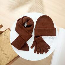 3pcs Solid Color Minimalist Dopamine Color Series Winter Warm Set, Hat + Scarf + Gloves Combo, Unisex Outdoor Casual Suit, Thoughtful Gift For Valentine's Day Vacation Outfits - Solid Color Three-piece Set - View 16