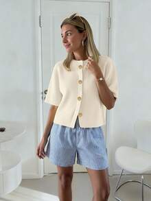 Women's Fashionable French Soft Wax-Feeling Loose Knit Cardigan, Women's Loose Short Knit Sweater Top, Spring/Summer - Apricot - View 5