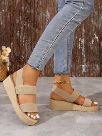 Bekväma damsandaler med kilklack, minimalistiska sommarslip-on-träskor med elastiskt band, rund tå, lämpliga för semester på Hawaii och stranden