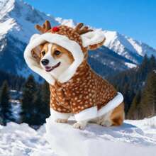 HAZOOWILL Faux Fur Cute Reindeer Dog Coat With Antler Hood And White Trim - Warm & Cozy Winter Pet Apparel, Suitable For Cats And Small Dogs