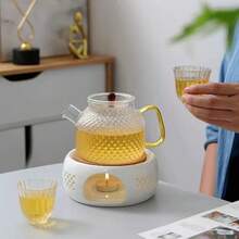 1pc Ceramic Candle Warmer Tea Coaster, Fruit & Flower Tea Warmer (Candle Not Included) + 1pc 500ml/17oz Thick Heat-Resistant Glass Teapot With Handle For Boiling Water, Flower Tea