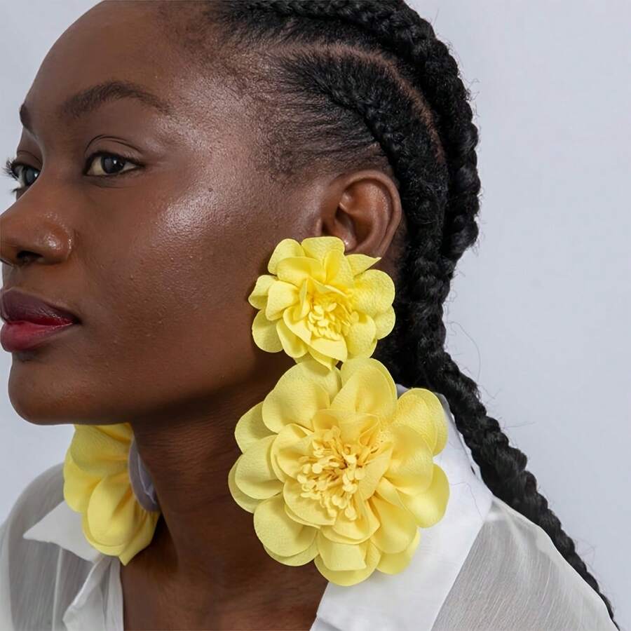 1 Pair Fashion Polyester Fiber Large Flower 3D Realistic Flower Earrings Suitable Women's Prom Party Gifts Friends - 黃色 - 查看 1