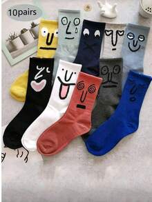 10双趣味表情船袜，卡通高腰长袜，男女通用，春秋季 - 彩色 - 查看 1