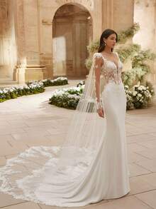 Vestido de novia sexy desmontable profundo V pura encaje satén sirena vestido de novia con chal de encaje y tren, mangas largas, vestidos de novia para la novia, elegante y cómodo, incluye tamaños más, vestido de novia, vestidos formales para las mujeres, adecuado para la boda, fiesta, vacaciones, novia, ocasiones formales, vestido de cena, vestido de baile, vestido después de la fiesta, vestido de regreso a casa, fiesta de cóctel, fiesta de cumpleaños, celebración, gala, festival, ceremonia - Blanco - Ver 1