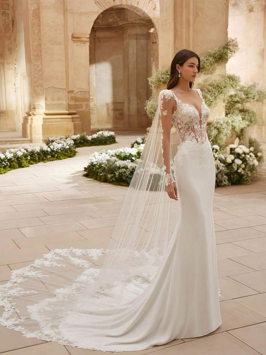 Vestido de novia sexy desmontable profundo V pura encaje satén sirena vestido de novia con chal de encaje y tren, mangas largas, vestidos de novia para la novia, elegante y cómodo, incluye tamaños más, vestido de novia, vestidos formales para las mujeres, adecuado para la boda, fiesta, vacaciones, novia, ocasiones formales, vestido de cena, vestido de baile, vestido después de la fiesta, vestido de regreso a casa, fiesta de cóctel, fiesta de cumpleaños, celebración, gala, festival, ceremonia - Blanco - Ver 1