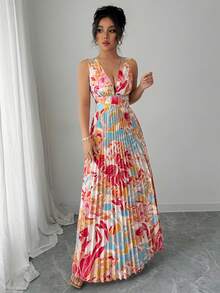 Women's Sexy Spring Summer Holiday Dress, Deep V-Neck, Sleeveless, Small Floral Print, Pleated Hem With Slit - Pink - View 6