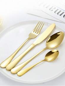 24件套不锈钢餐具套装，优雅镀金餐具套装，可重复使用的餐刀、叉、勺、茶匙，适合家庭和日常使用，附赠礼盒