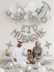 50pcs/Set Eid Mubarak Party Decorations, Moon & Star Foil Balloons, 16" "Eid Mubarak" Letter Balloons, Gold/Silver/Rose Gold Crescent Balloons, Gold, Silver, Rose Gold, White Latex Balloons, Suitable For Ramadan & Eid - Silver - View 2