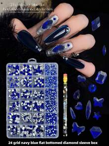 KIRAME 24-Grid DIY Manicure K9 Glass Blue Flat Bottom Rhinestone Set - 20pcs High Gloss Rhinestones Per Style, Includes 1pc Dotting Pen, Nail Gems, Suitable For Nail Salons, Home Manicure, Nail Art Supplies, Christmas, New Year, Valentine's Day Nails, Holiday Gifts, Also For Crafts, Clothing, Textiles, Shoes, Glassware, Jewelry Making - Multi-Size Sparkling Decorations - 藍色 - 查看 5