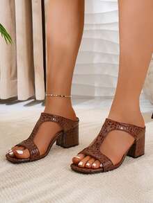 Sandal Selop Hak Tebal Model T-Strap untuk Wanita, Sandal Hak Tinggi Ujung Persegi, Sepatu Musim Panas - Coffee Brown - View 6
