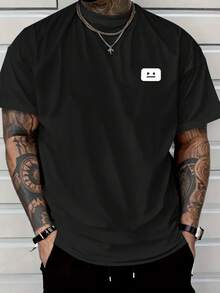 Heavyweight Cotton Men's T-Shirt |   180g Minimalist Square Logo With Horizontal Line & Two Dots Print, Round Neck Short Sleeve Casual Tee - 黑色 - 查看 1