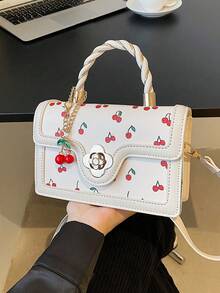 Fashionable High-End Pu Tote Bag With Versatile Square Shape And Cute Cherry Print, Perfect For Shopping, Dating Or Cross-Body For Girls Send Scarf., Best Mother's Day And Valentine's Day Gifts - Cherry trắng - Xem 10