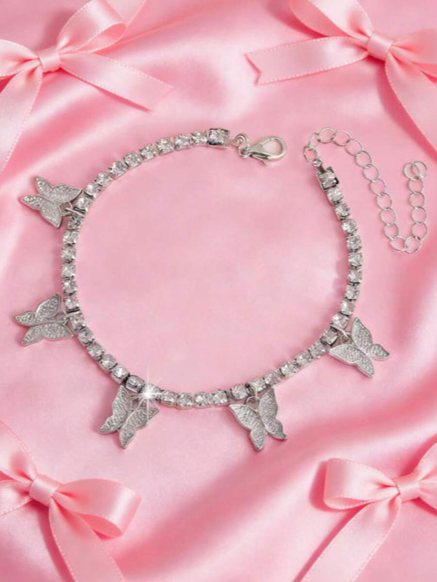 1pc Versatile Elegant Casual Delicate Sweet Luxury Fashion Ethereal Butterfly Anklet (Random Crystal Quantity)