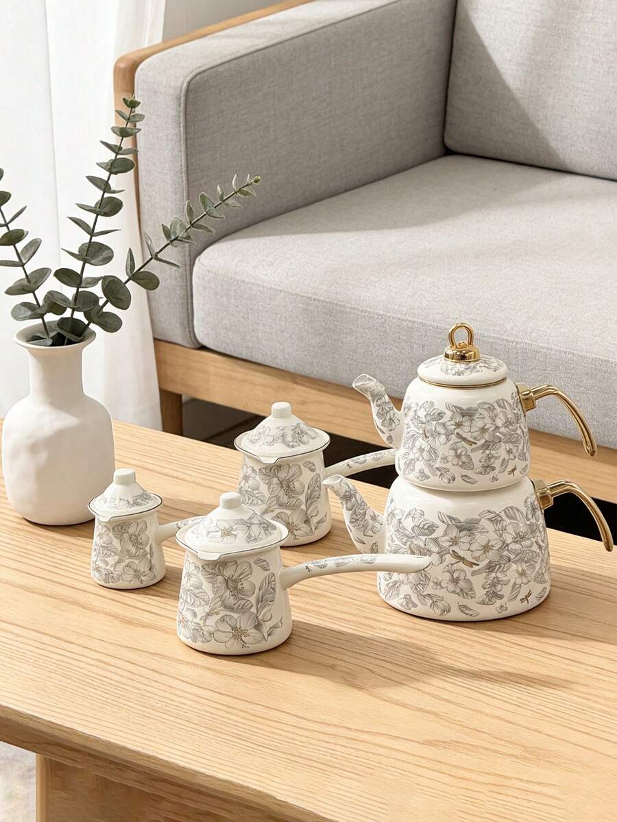 1 Set Cafetera y Gotero de Café de Estilo Nórdico en Gris Esmalte - Tetera/Olla de Agua/Olla de Leche/Tetera de Té de Frutas Multifuncional para Todas las Estaciones, Apta para Calentamiento Directo en la Estufa, Regalo Ideal para Amigos y Familia