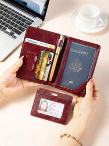 1pc Vintage Leather Multi-Functional Card Holder, Passport & Ticket Protector, Zipper ID Case In Coffee, Brown, Black, Pink, Red