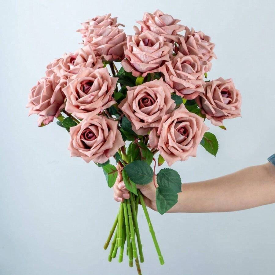Roses Faux Flowers Silk Roses 16.5in Artificial Roses With Stems Realistic Artificial Flowers Suitable Indoor Home Decor Bouquet Wedding Decor Party Decor Pink Purple, 12PCS - Merah Muda Ungu 12 buah - View 1