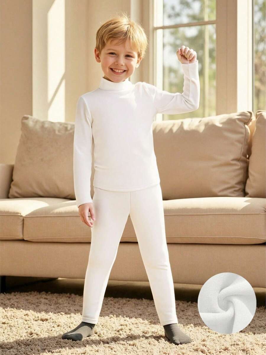 男童保暖内衣套装(2件套),保暖上衣和裤子,冬季款 - 白色 - 查看 1