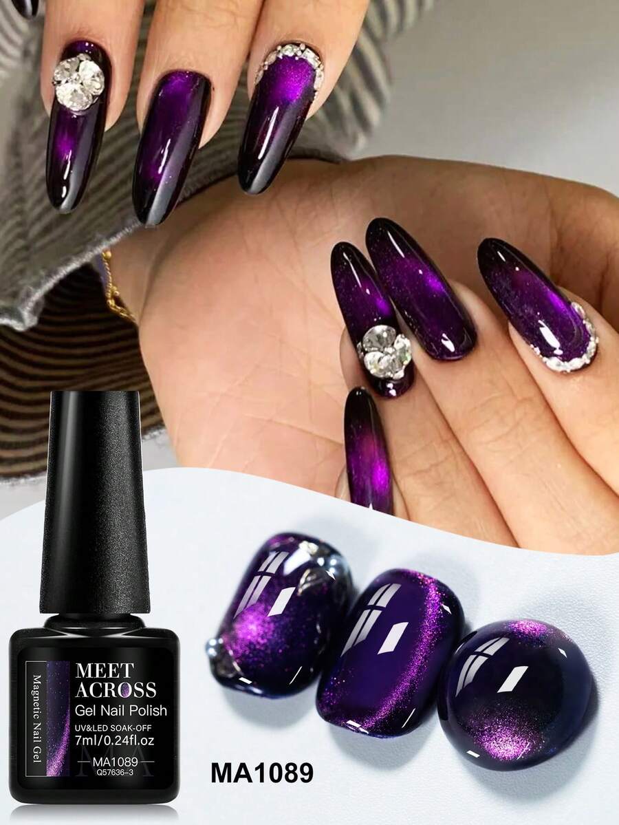 MEET ACROSS 1 lọ sơn gel móng tay mắt mèo màu tím vàng kim, 7ml, sơn gel mắt mèo từ tính siêu bóng, sơn gel UV bán vĩnh cửu, dễ tẩy, dùng để làm móng nghệ thuật tại nhà và tiệm làm móng. - Nhiều màu - Xem 1