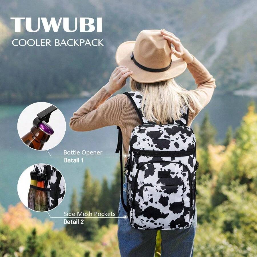Tuwubi - Mochila enfriadora de 35/42 latas mochila enfriadora aada a prueba de fugas para hombres y mujeres impermeable suave cara almuerzo camping playa viajes bolsa enfriadora de hielo - Estampado de vaca+M - Ver 1