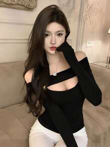 新款优雅露肩镂空弹力针织毛衣上衣，适合春夏穿着 - 黑色 - 查看 1