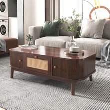 Coffee Table - Rattan Coffee Table, Drawers With Rattan And Sliding Doors With Solid Wood Slats, Solid Wood Legs, Natural Country Style. - Natural Color - View 3
