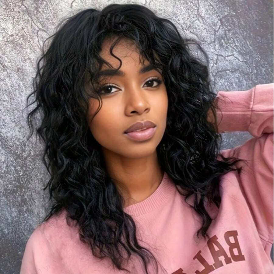 UFINE 18" Black Long Curly Wig With Bangs, High Temperature Fiber, 150% Density, Basic Style Suitable For Daily Wear And Parties - Black - View 1
