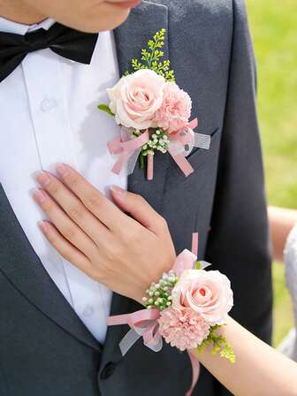2PCS Chrysanthemum&Rose Boutonniere And Wrist Corsage Set, Perfect For Wedding, Party, Evening, Dance, Travel, Anniversary