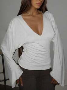 Women's Fashionable Long Sleeve Deep V-Neck Knit Top, Regular Hem, Comfortable Stretchy Fabric, White - White - View 9