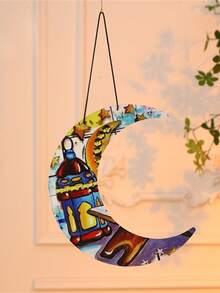 1pc Ramadan Crescent Moon Shaped Single-Sided Painted Wooden Wall Hanging Decor - Multicolor - View 2
