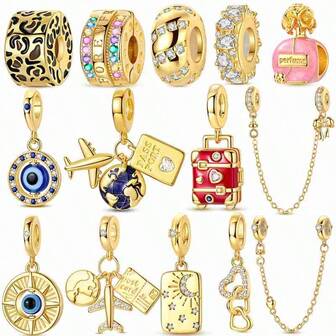 Gold Globe Airplane Rotating Eye Camellia Perfume Beaded Pendant, Cute DIY Jewelry Making Beads, Fashionable Bracelet Necklace Pendant, Exquisite DIY Craft Gift