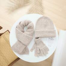 3pcs Solid Color Minimalist Dopamine Color Series Winter Warm Set, Hat + Scarf + Gloves Combo, Unisex Outdoor Casual Suit, Thoughtful Gift For Valentine's Day Vacation Outfits - Solid Color Three-piece Set - View 14