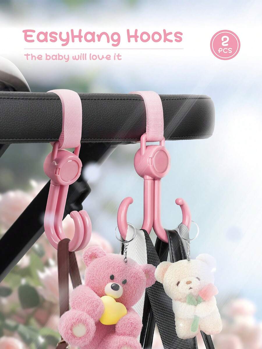 2pcs Colorful Stroller Hooks With Adjustable Hook And Loop, Pastel Pink & Bright Pink Are Available, High Load-Bearing Capacity Bags Holder Accessory, Quick Attach Pram Hooks For Hanging Mommy Bags, Parent Travel Essentials - Multicolor - View 1