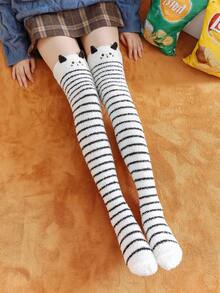 1 Pair Women's Cartoon Cute Thigh High Socks With Thermal Lining, Striped Over-The-Knee Socks